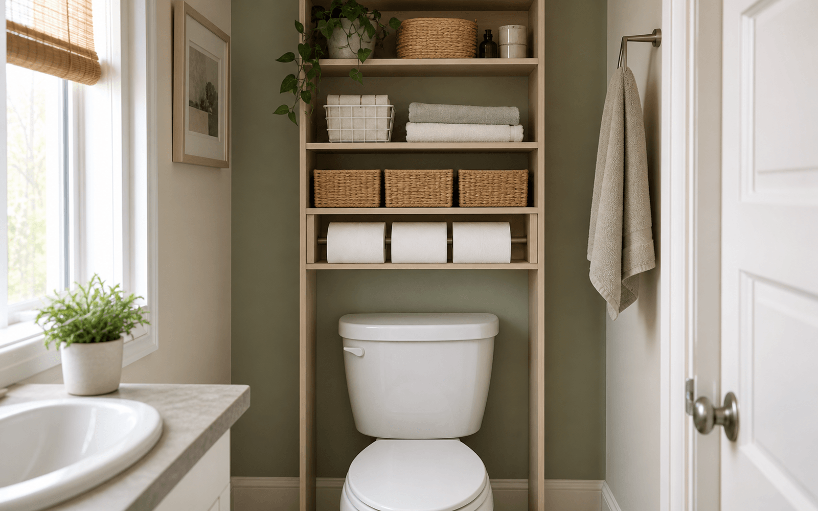 Bathroom with over-the-toilet shelving, toilet paper storage, and visible width measurements