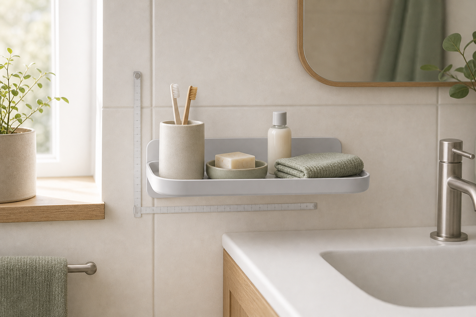 Adhesive bathroom shelf in a compact bathroom storage scene