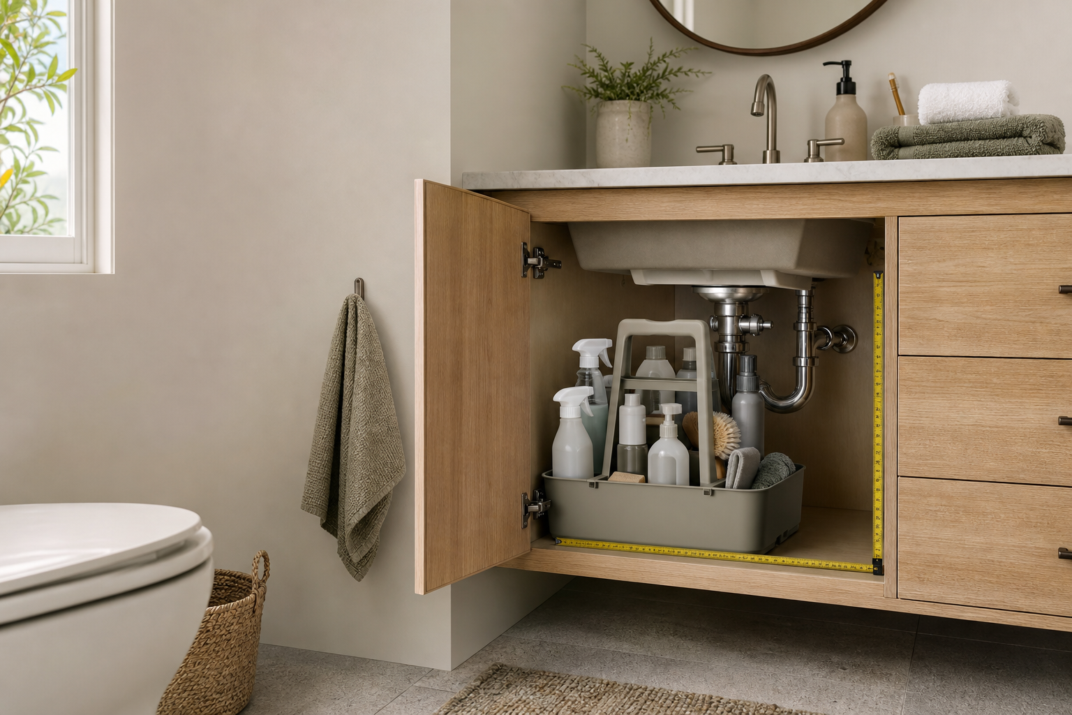 Cleaning supply caddy in a compact bathroom storage scene
