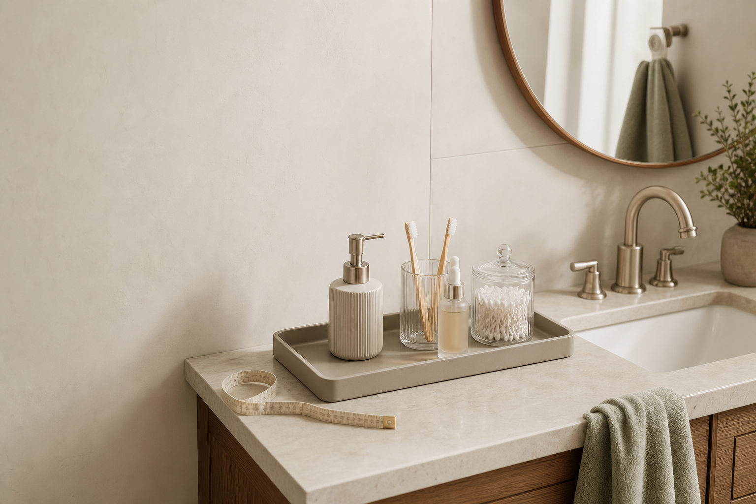 Countertop tray in a compact bathroom storage scene