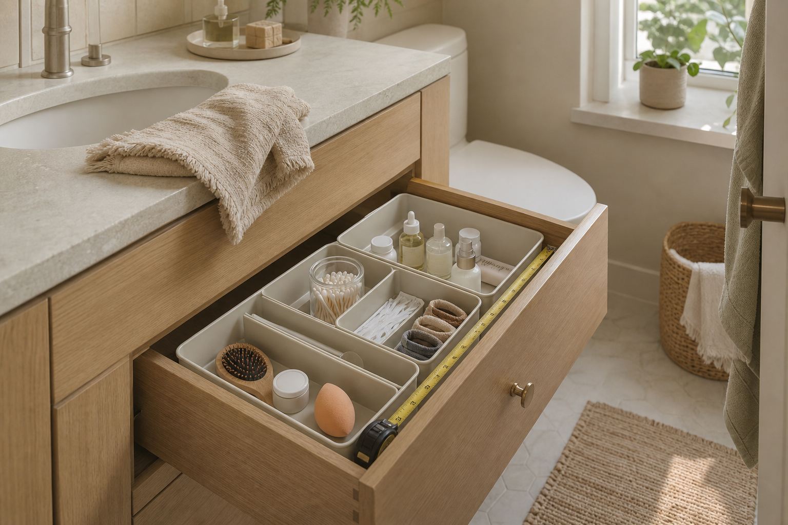 Drawer divider in a compact bathroom storage scene