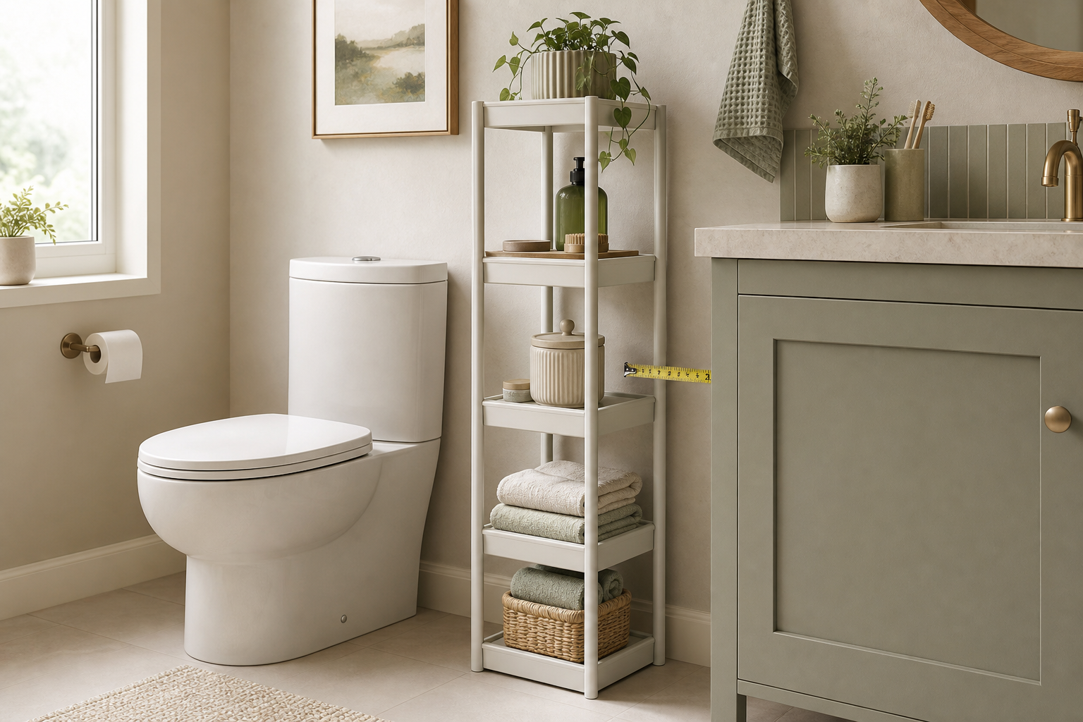 Freestanding bathroom shelf in a compact bathroom storage scene