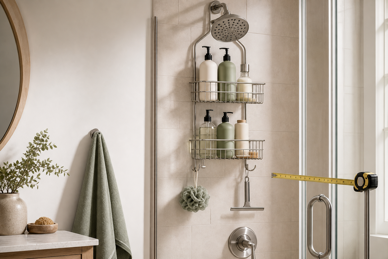 Over-showerhead caddy in a compact bathroom storage scene