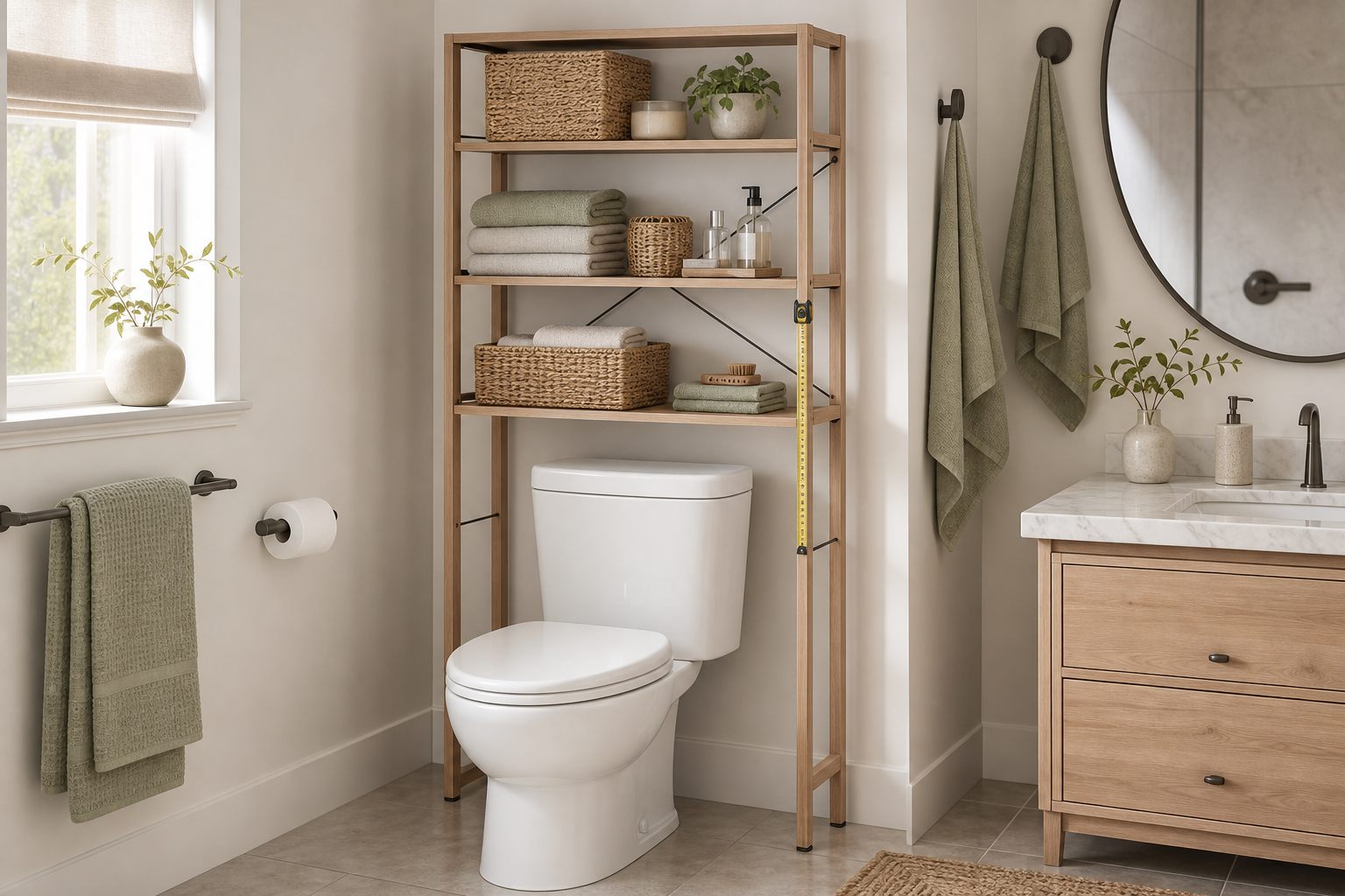 Open over-the-toilet shelf in a compact bathroom storage scene