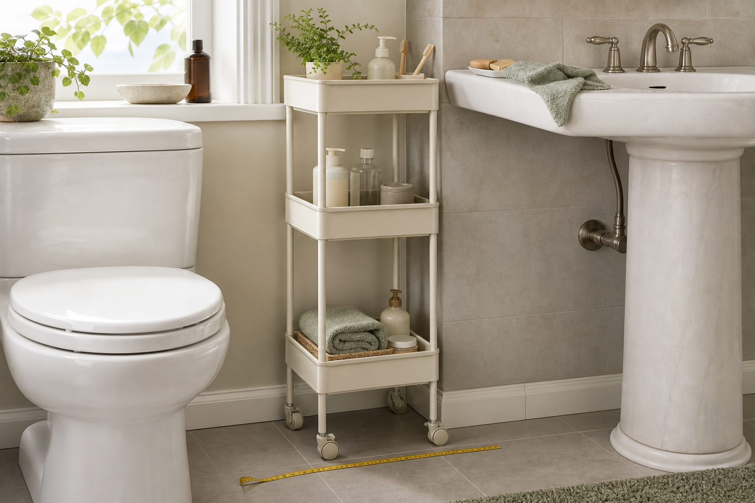 Slim bathroom cart in a compact bathroom storage scene