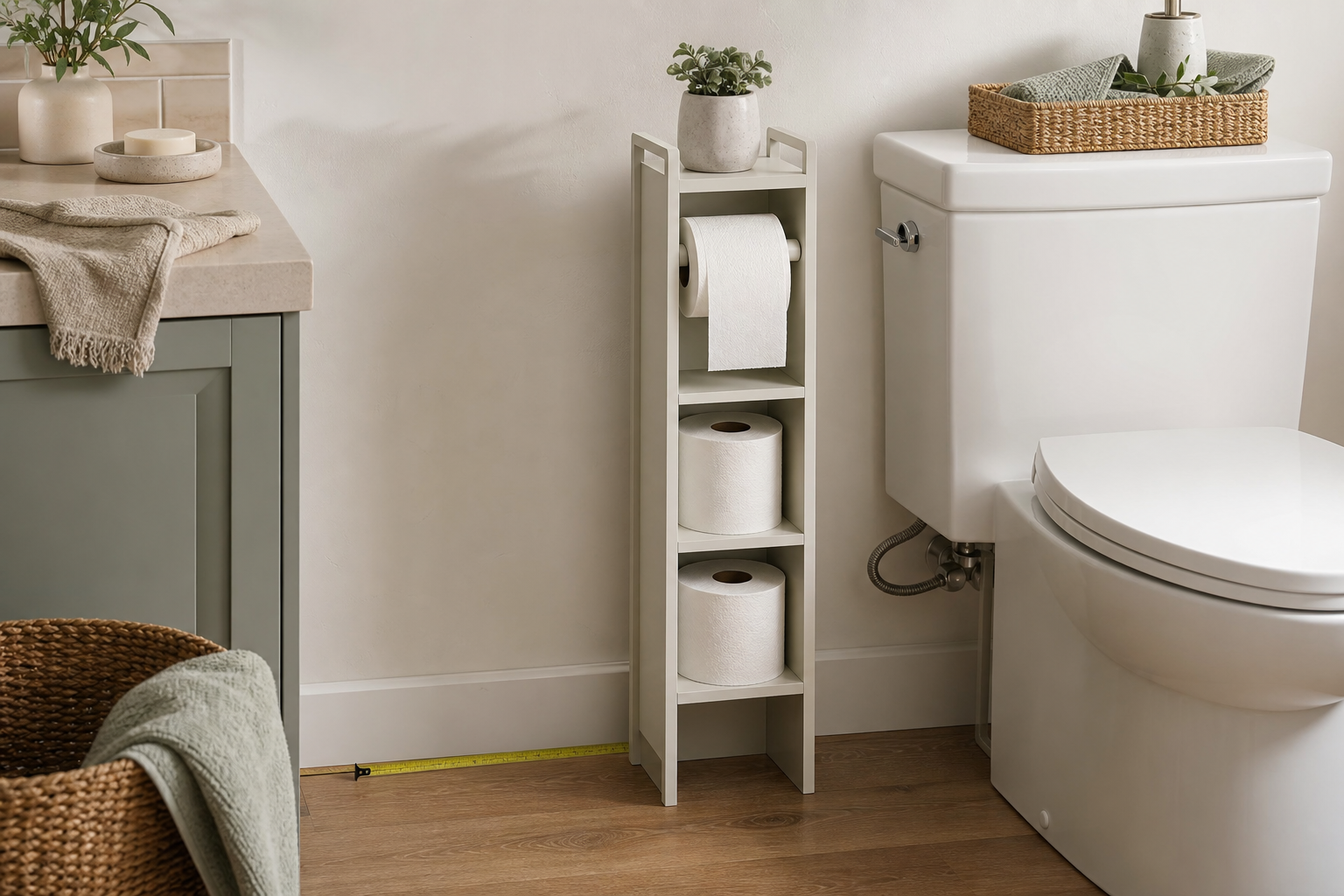Toilet paper storage stand in a compact bathroom storage scene