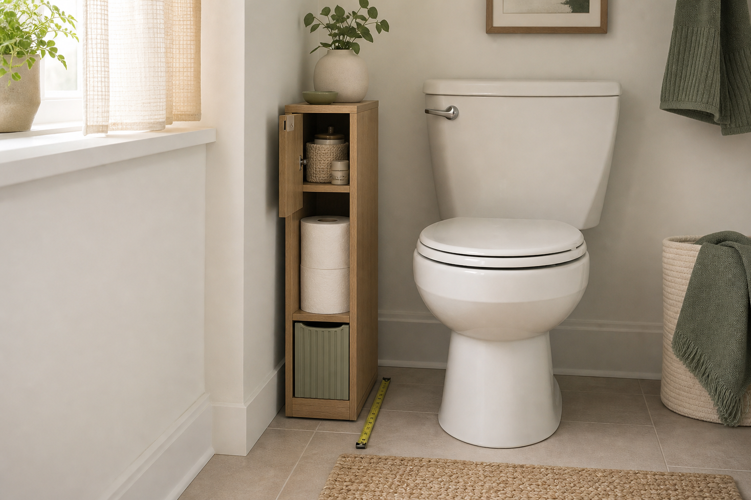 Toilet-side slim cabinet in a compact bathroom storage scene
