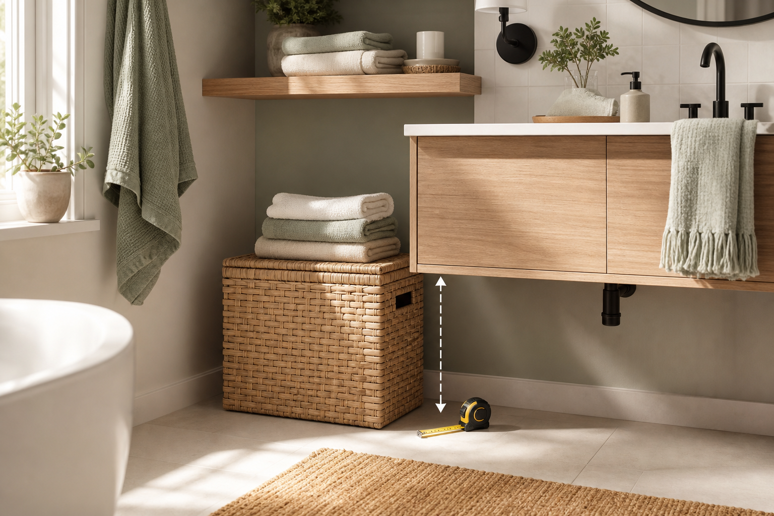 Towel basket in a compact bathroom storage scene
