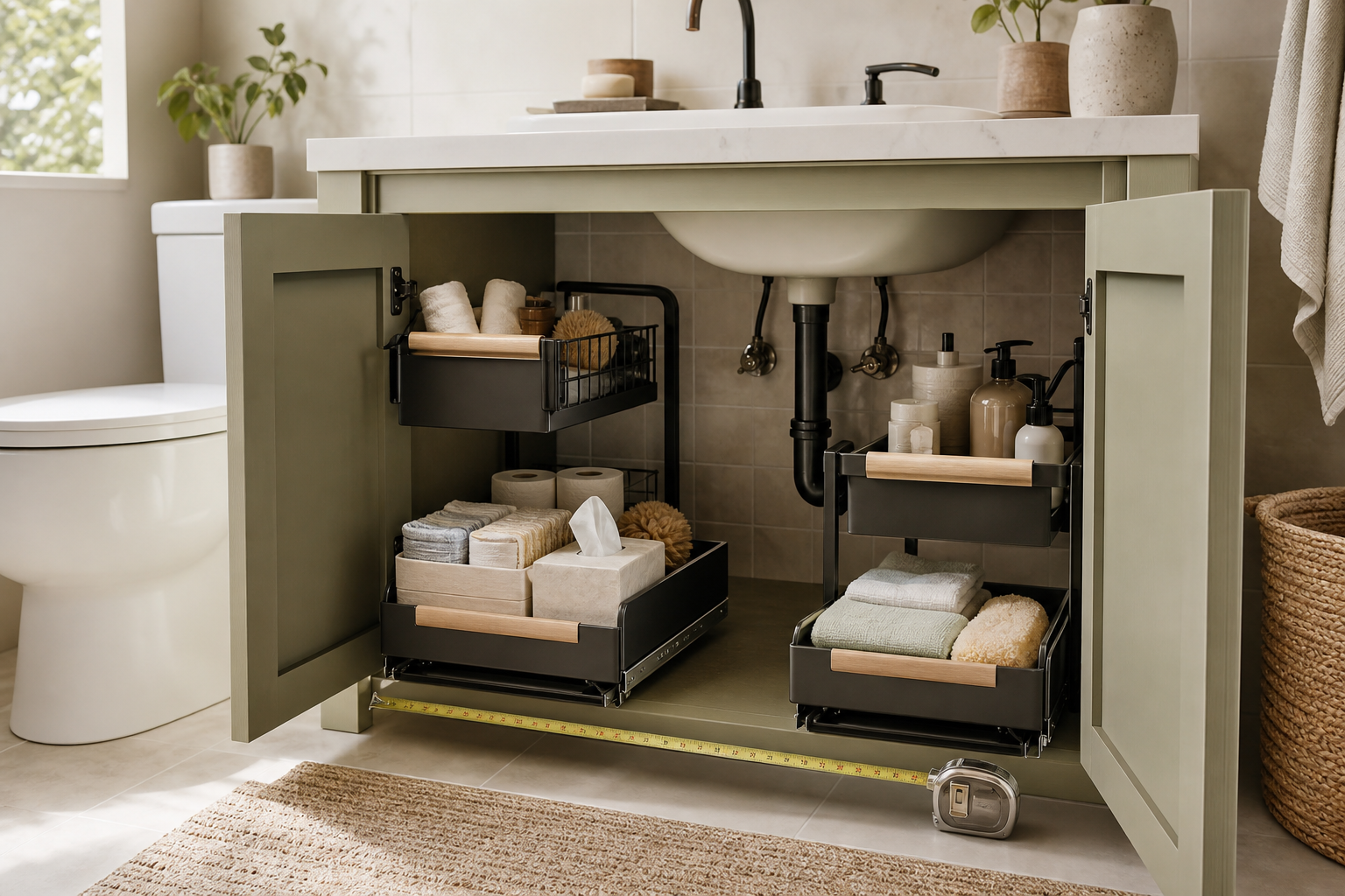 Under-sink pullout organizer in a compact bathroom storage scene