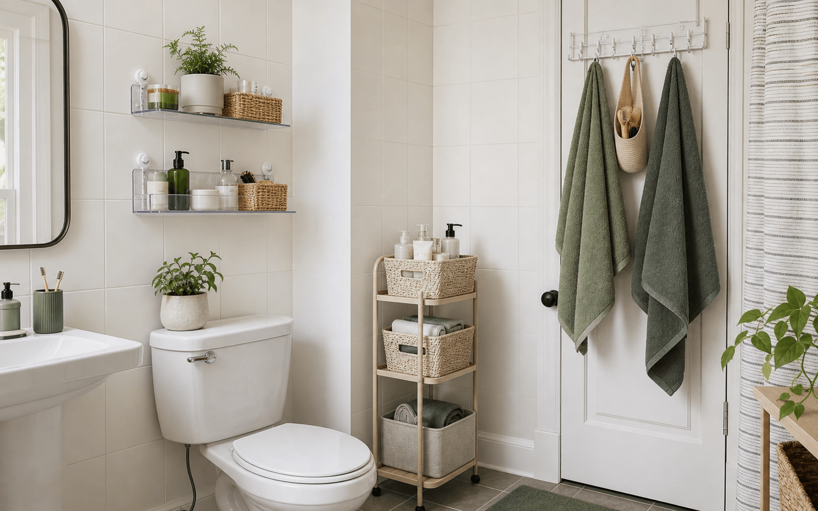 Rental bathroom with removable shelves, over-door storage, and no-drill organization details
