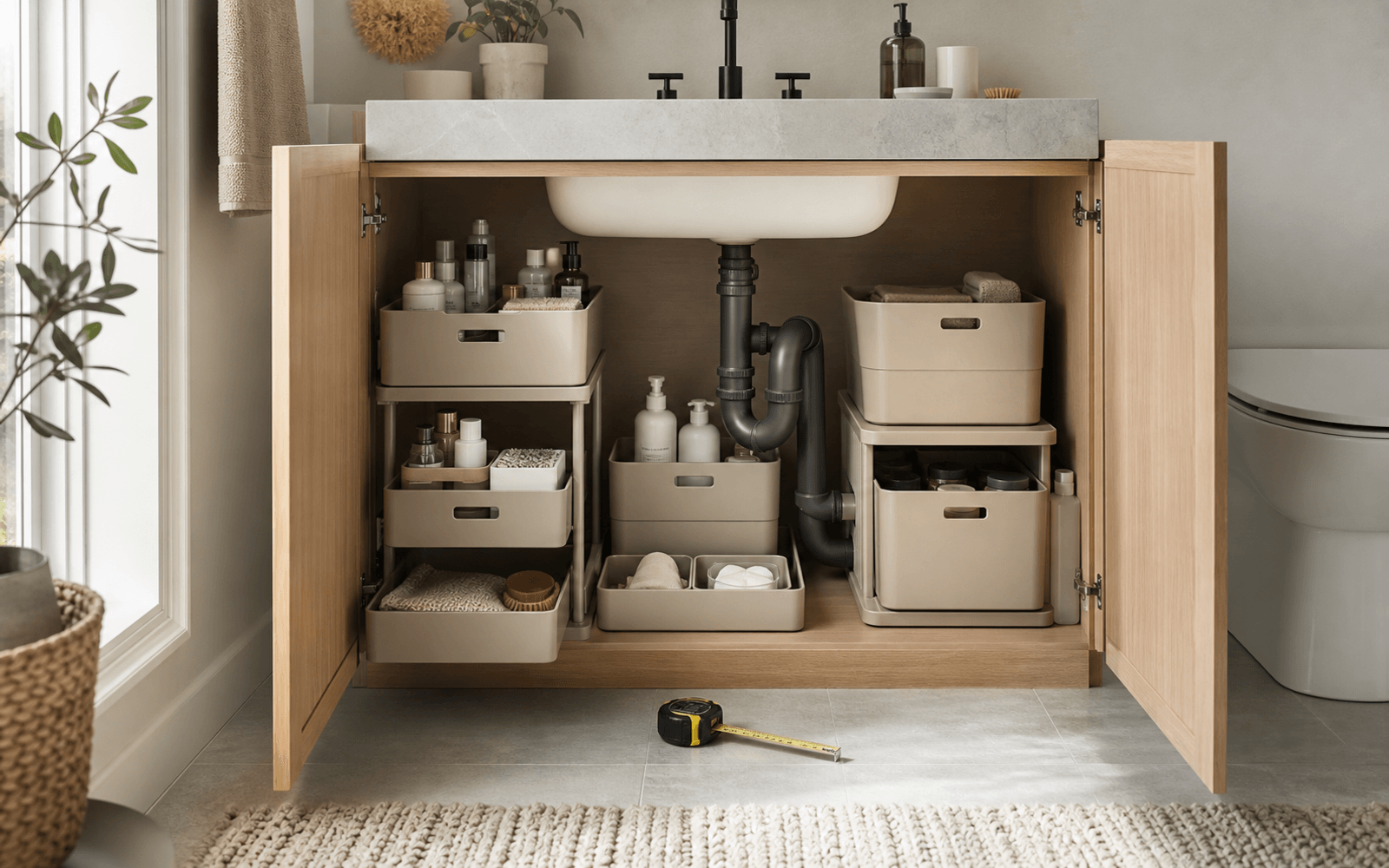 Under-sink bathroom cabinet with pipes, pullout organizers, bins, and a tape measure